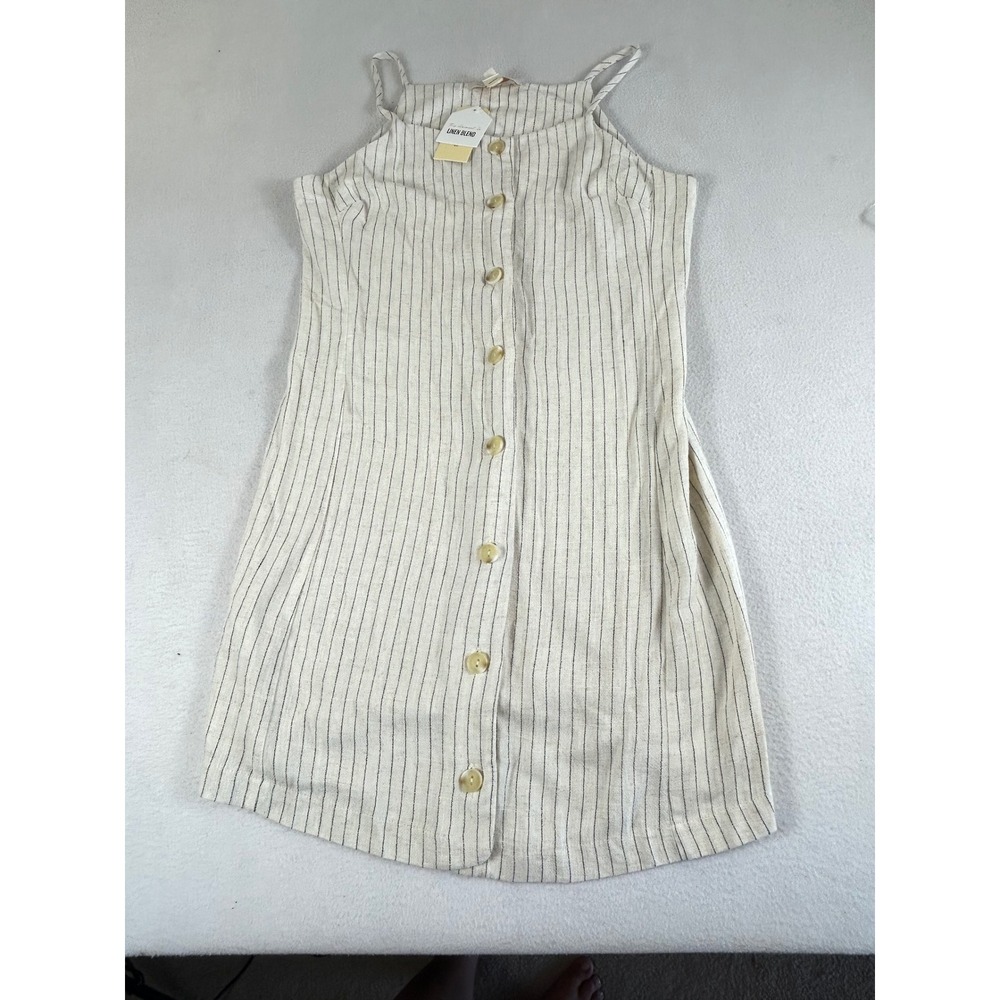 Monteau Dress Women Large Beige Pinstripe Linen Blend Button Front Coastal